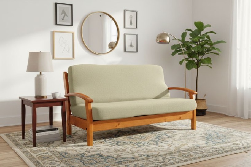 Funda bielástica para sofá cama nido con brazos de madera – Modelo Cora