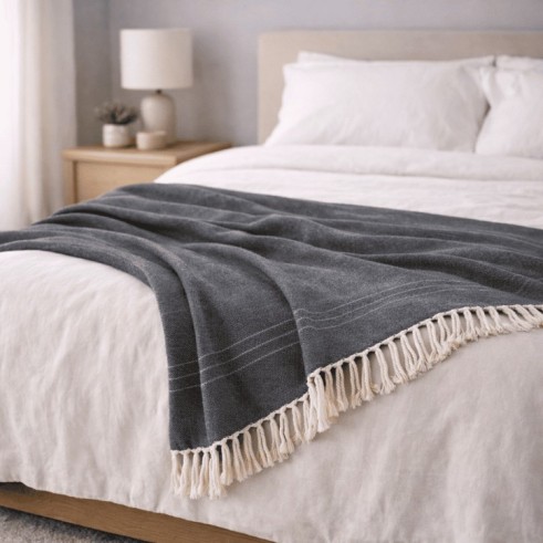 Plaid Foulard multiusos con flecos — Algodón y poliéster para sofá y cama